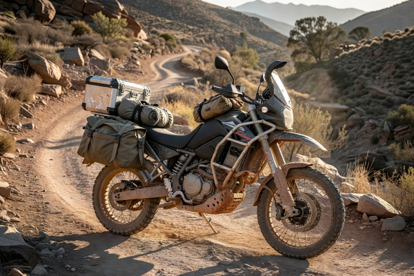 Dual sport adventure motorcycle prepared for long journeys