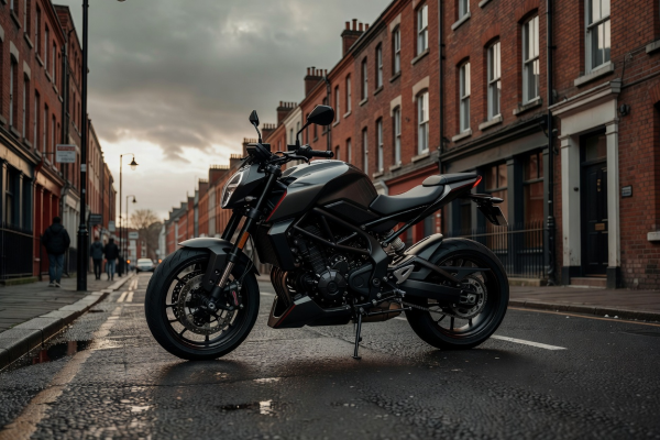 Modern naked street motorcycle parked on urban UK street