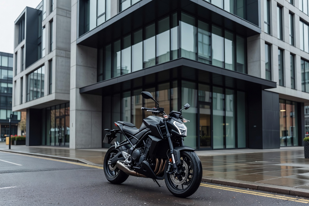 Modern urban motorcycle parked beside contemporary architecture in the UK
