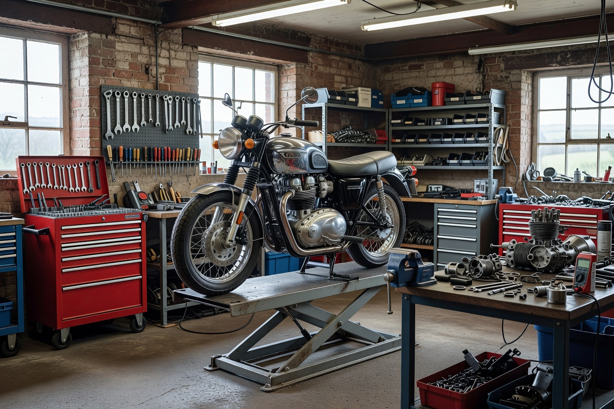 Motorcycle engineering workshop equipment, hydraulic lift and tools in Cheshire