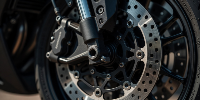 Motorcycle front brake disc and caliper close-up