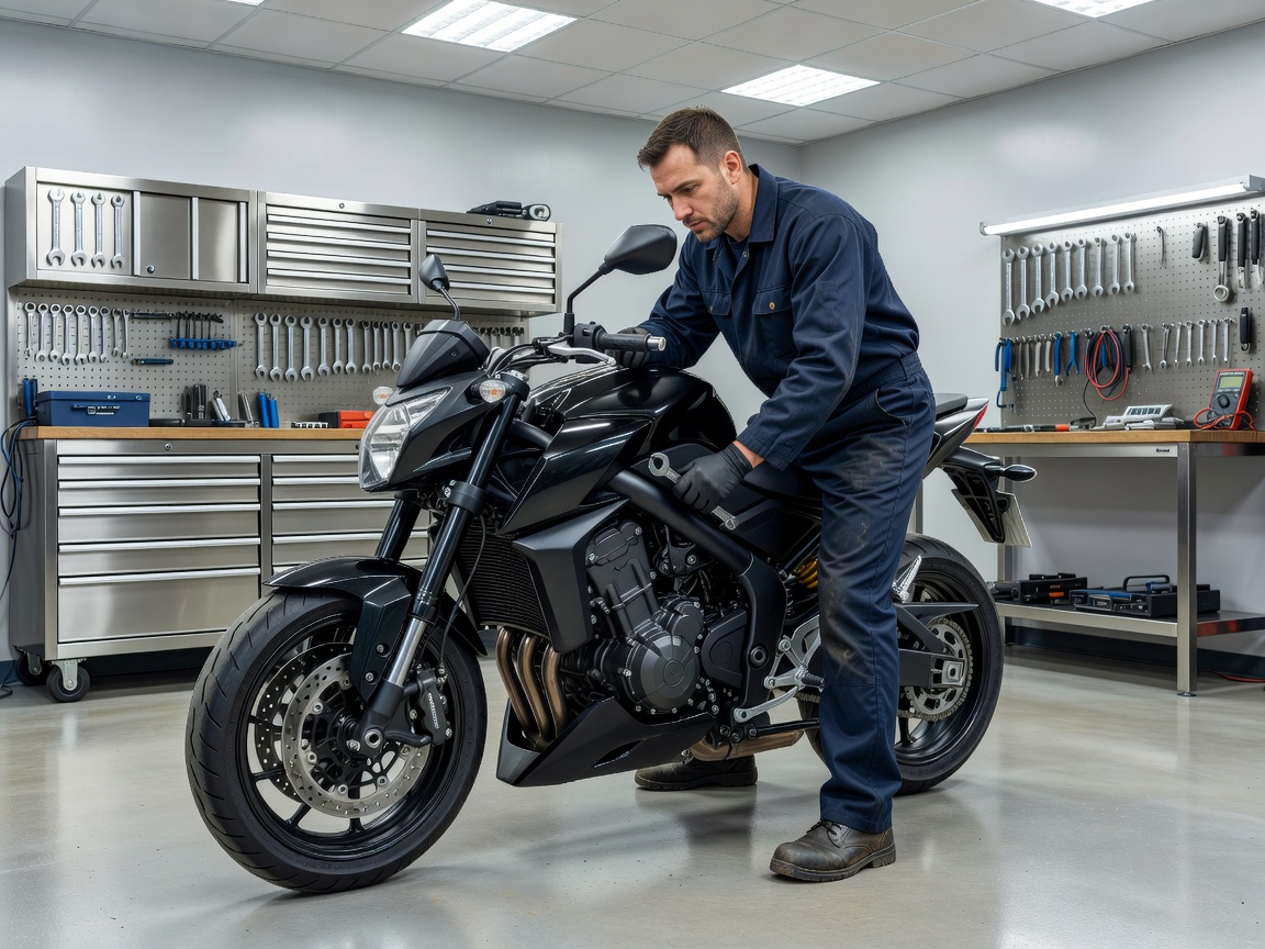 Motorcycle technician performing routine mechanical maintenance in clean modern workshop