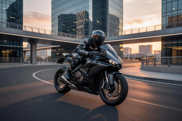 Sport motorcycle with aerodynamic fairings in modern surroundings