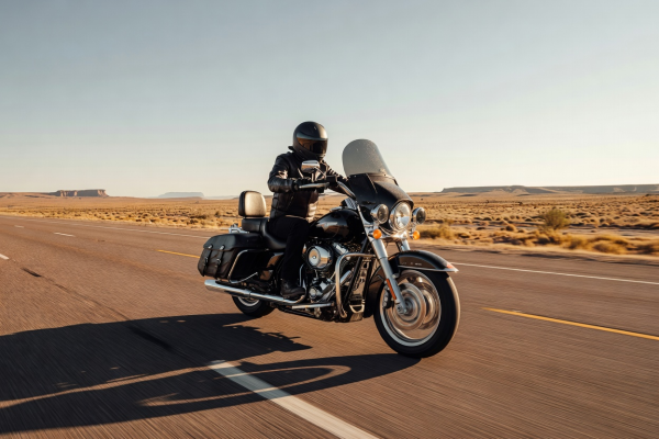 Touring cruiser motorcycle on open highway